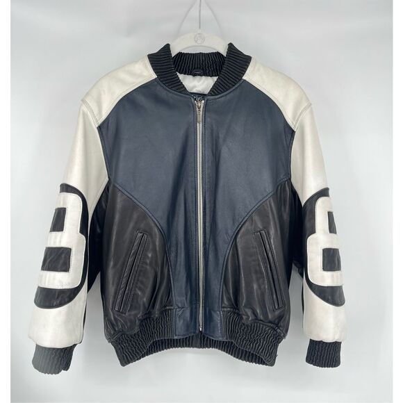 Vintage The Original 8 Ball Leather Bomber Jacket Black Navy Cream Size Large - Picture 1 of 15
